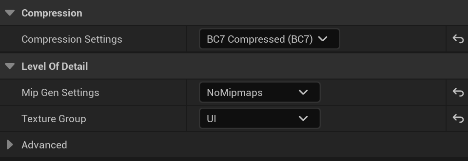 The three texture settings of a shipped card picture: BC7, NoMipmaps and UI.