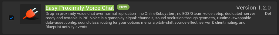 The Easy Proximity Voice Chat line in the Plugins window, ticked.