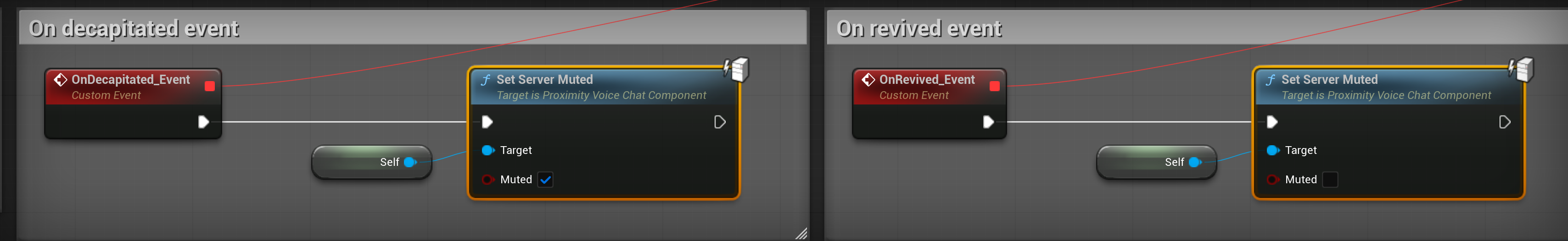 OnDecapitated_Event mutes the player, OnRevived_Event unmutes them.
