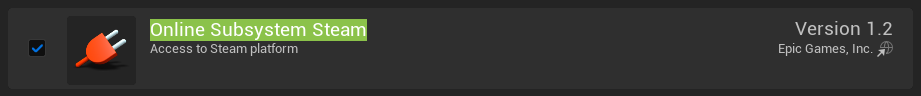 The Online Subsystem Steam line in the Plugins window, ticked.