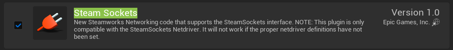 The Steam Sockets line in the Plugins window, ticked.